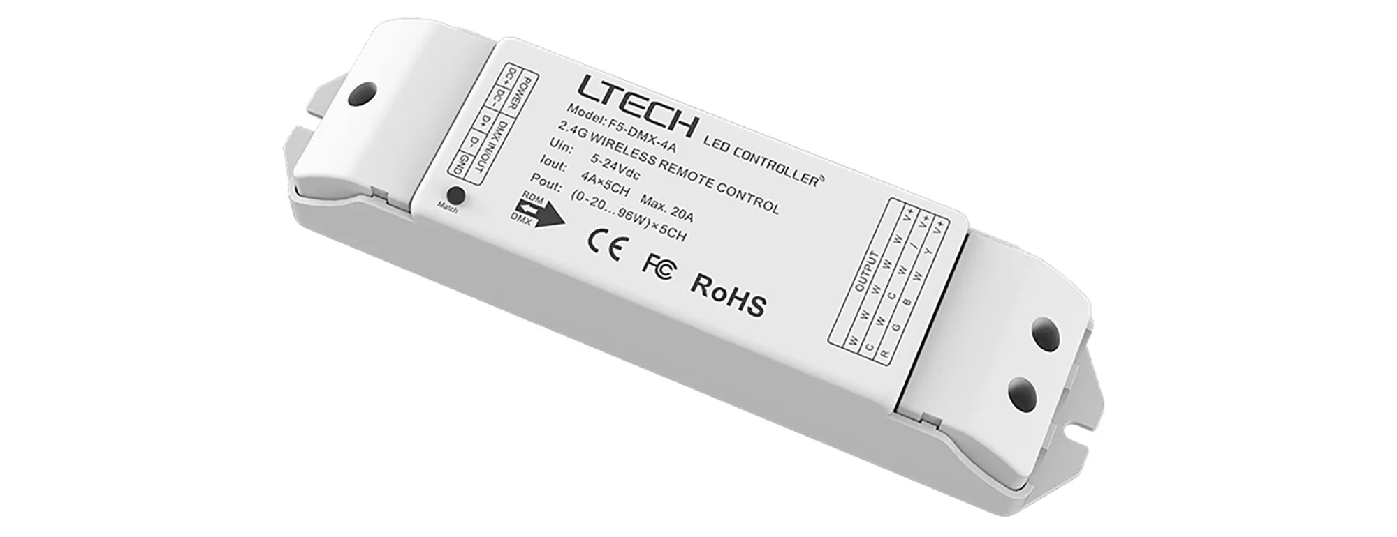 CV RF 2.4GHz/DMX Wireless/Wired Receiver 5/12/24V DC, 20A max. 5A × 4CH, 0-100 Dimming level, IP20. F5-DMX-4A  LTECH Wireless Receiver